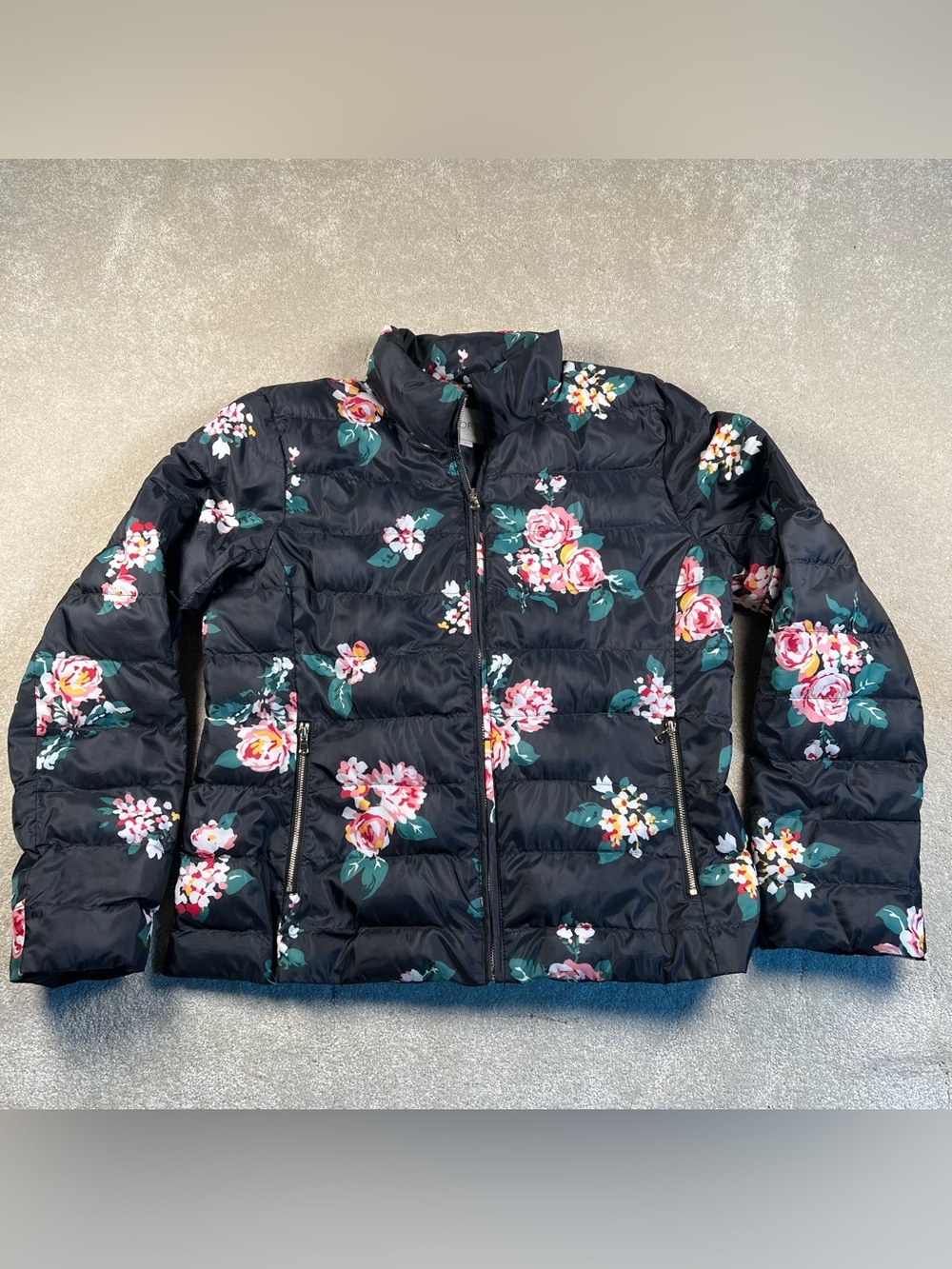Loft Puffer Jacket Coat Floral Black Zip Front Lightweight women's Medium